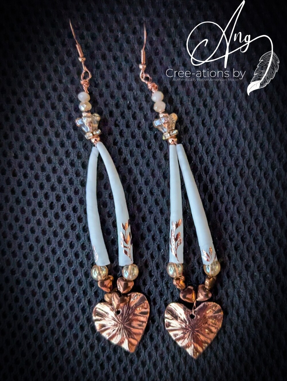 Indigenous Dentalium Shell and Rose Gold Heart Drop Earrings